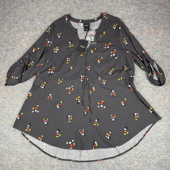 torrid Tops - TORRID x Disney 4D Mickey Mouse AOP Zip Front Tunic Blouse Gray Womens 2X